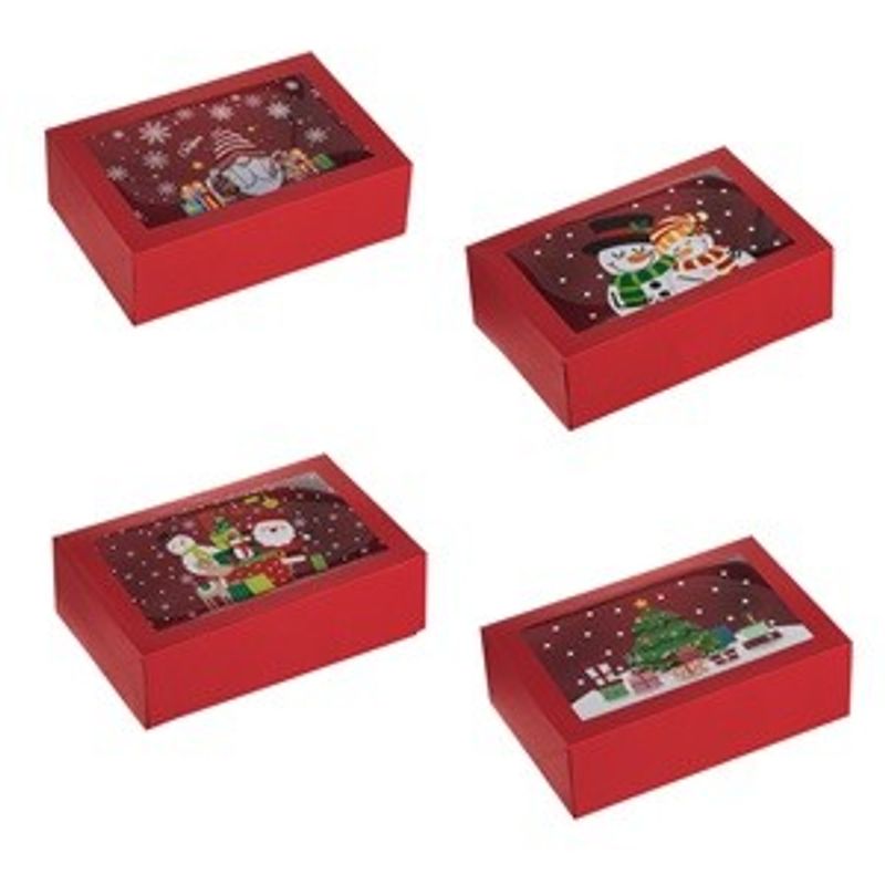 Casa si Gradina - Decoratiuni - Decoratiuni de sezon - Set Cutii Dulciuri de Craciun Rosii cu Model & Fereastra 22x15x7cm - 4buc - Infinity.ro