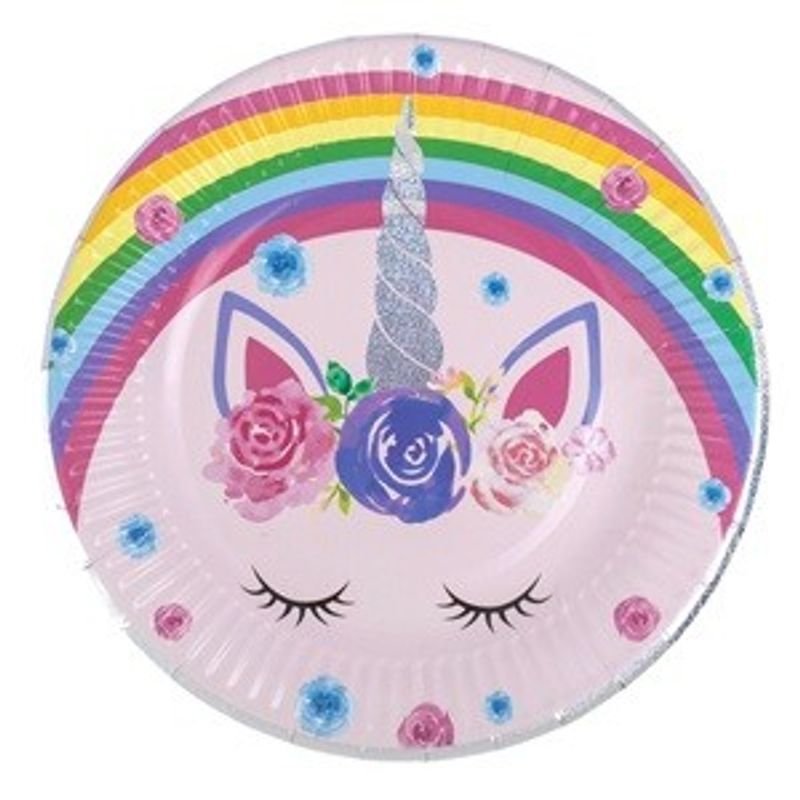 Casa si Gradina - Decoratiuni - Decoratiuni petrecere - Accesorii pentru petrecere - Farfurii de petrecere unicorn curcubeu cu detalii holografice 18cm - Infinity.ro