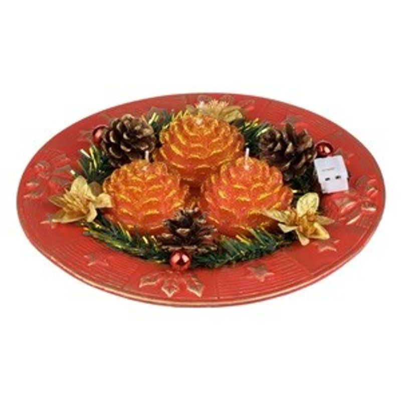 Casa si Gradina - Decoratiuni - Decoratiuni de sezon - Platou Decorativ de Craciun cu 3 Lumanari Rosii & Conuri 24cm - Infinity.ro