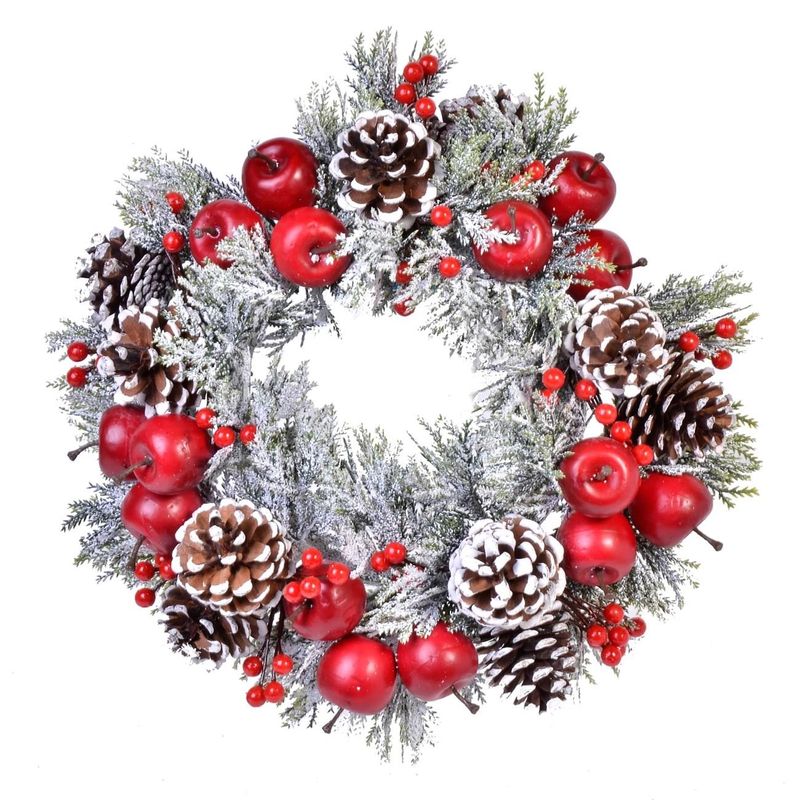 Casa si Gradina - Decoratiuni - Decoratiuni de sezon - Inel Decorativ de Craciun pentru Lumanare Zapada Conuri Mere Berries 34cm - Infinity.ro