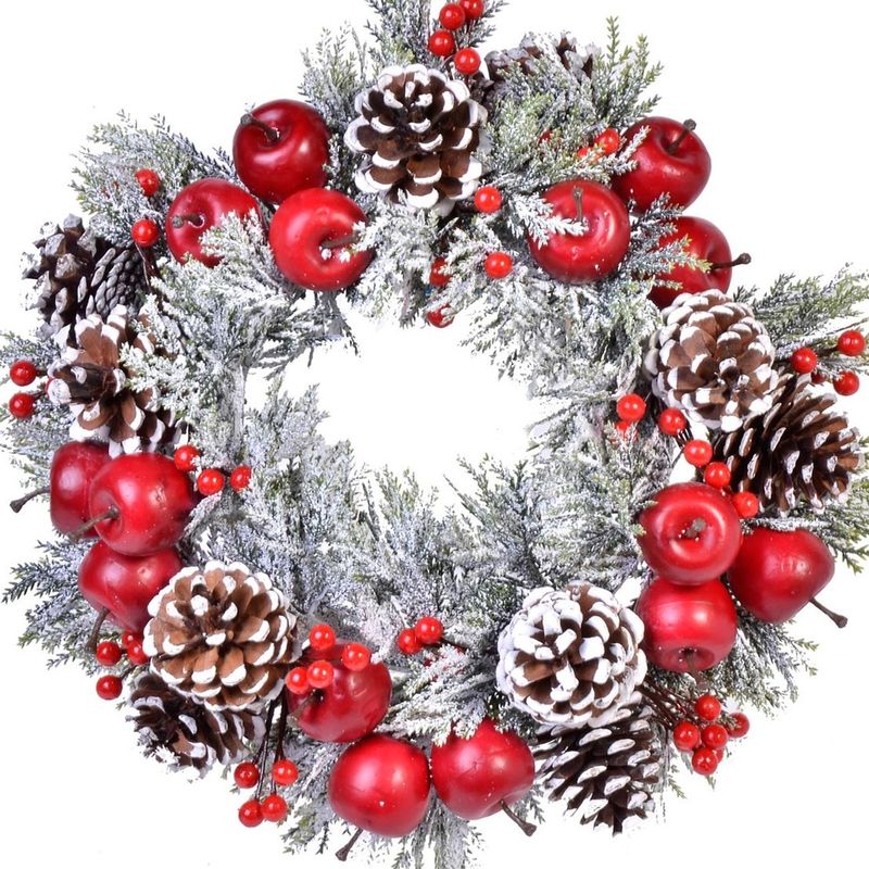 Casa si Gradina - Decoratiuni - Decoratiuni de sezon - Inel Decorativ de Craciun pentru Lumanare Zapada Conuri Mere Berries 34cm - Infinity.ro
