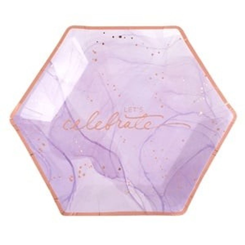 Ingrijire personala si Cosmetice - Dezinfectante - Manusi unica folosinta - Farfurii hexagonale din carton, Lila Marble cu folie aurie, 23cm, 6 buc - Infinity.ro