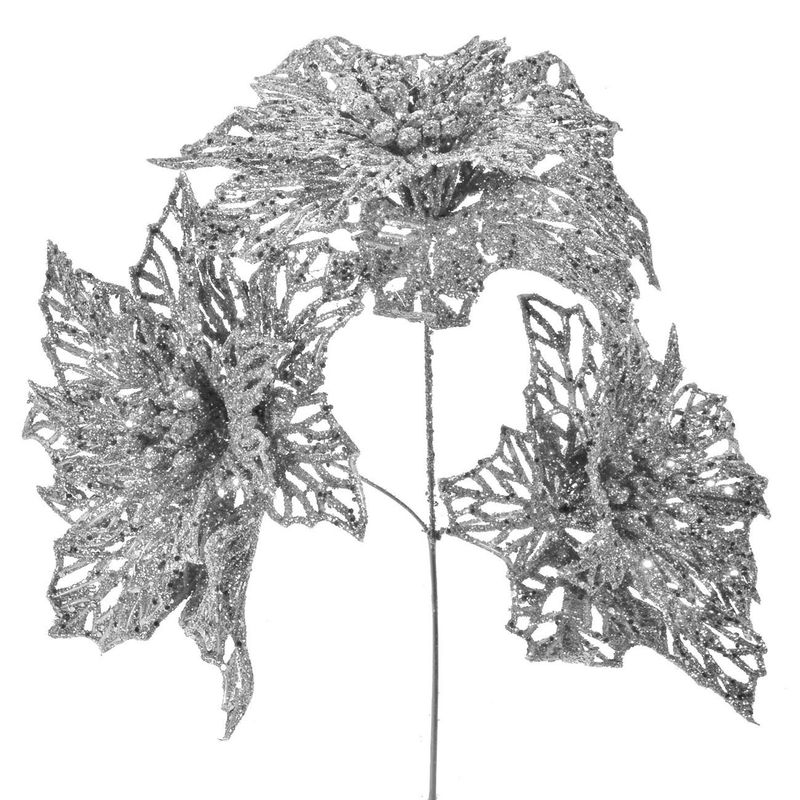 Casa si Gradina - Decoratiuni - Obiecte decorative - Plante artificiale - Ramura Decorativa de Craciun Flori Glitter Argintiu 26cm - Infinity.ro
