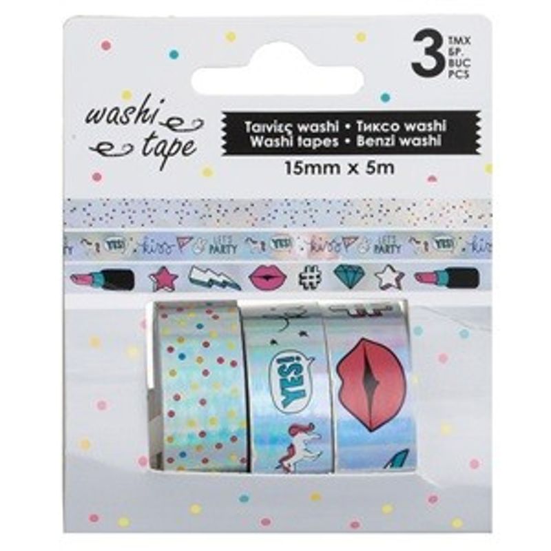 Carti si Birotica - Birotica - Accesorii de birou - Benzi adezive - Benzi adezive washi tape argintii holografice cu modele, 5m x 1,5cm, 3 buc - Infinity.ro