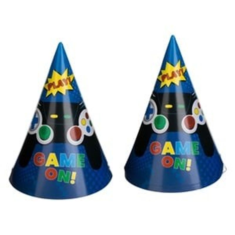 Casa si Gradina - Decoratiuni - Decoratiuni petrecere - Accesorii pentru petrecere - Coifuri de petrecere din carton, Albastre cu model Game On, 16cm, 6 buc - Infinity.ro