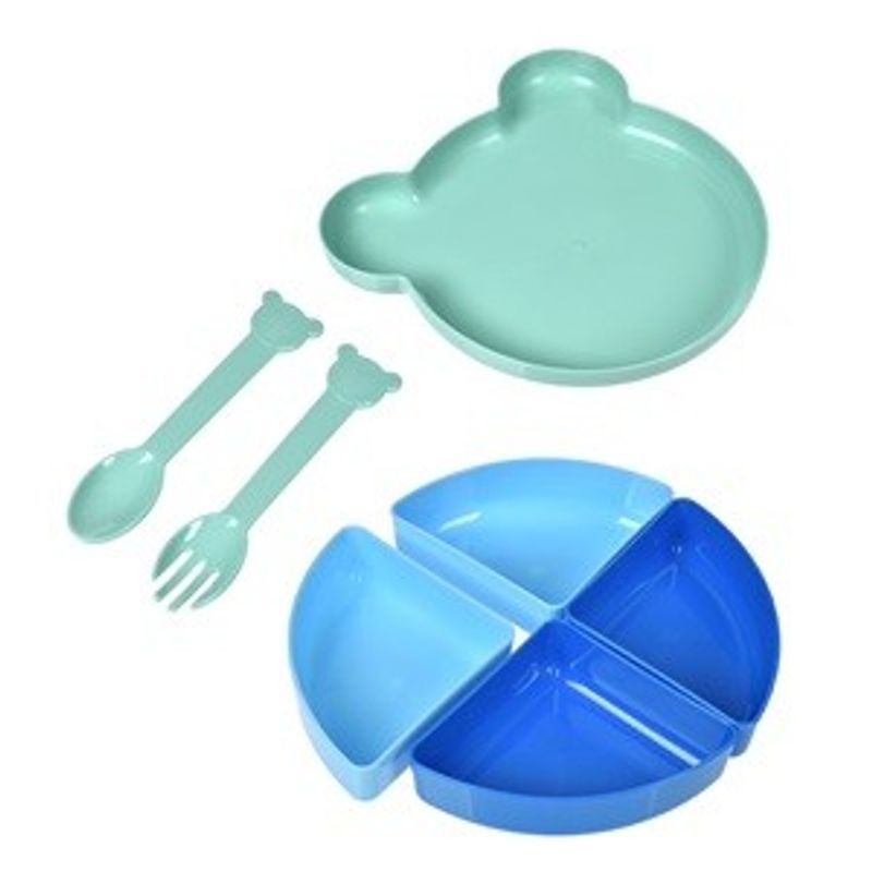 Sport si Outdoor - Camping - Bucatarie de camping - Vesela camping - Set de servit masa cu furculita si lingura, model ursulet, bleu-verde, 7 piese - Infinity.ro