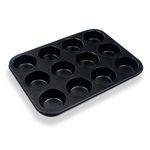 Casa si Gradina - Bucatarie si vesela - Vase pentru gatit - Tavi copt - Tava de copt neaderenta pentru muffins si cupcakes, 12 forme, 35x26.5x2.8 cm, neagra - Infinity.ro