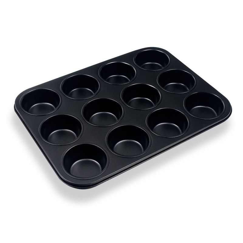 Casa si Gradina - Bucatarie si vesela - Vase pentru gatit - Tavi copt - Tava de copt neaderenta pentru muffins si cupcakes, 12 forme, 35x26.5x2.8 cm, neagra - Infinity.ro