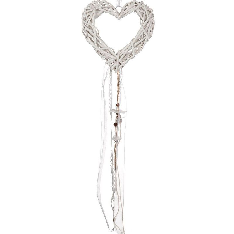 Casa si Gradina - Decoratiuni - Obiecte decorative - Accesorii decorative - Inima decorativa din lemn cu panglici, dantela si flori, 20x20x5 cm, Alba - Infinity.ro