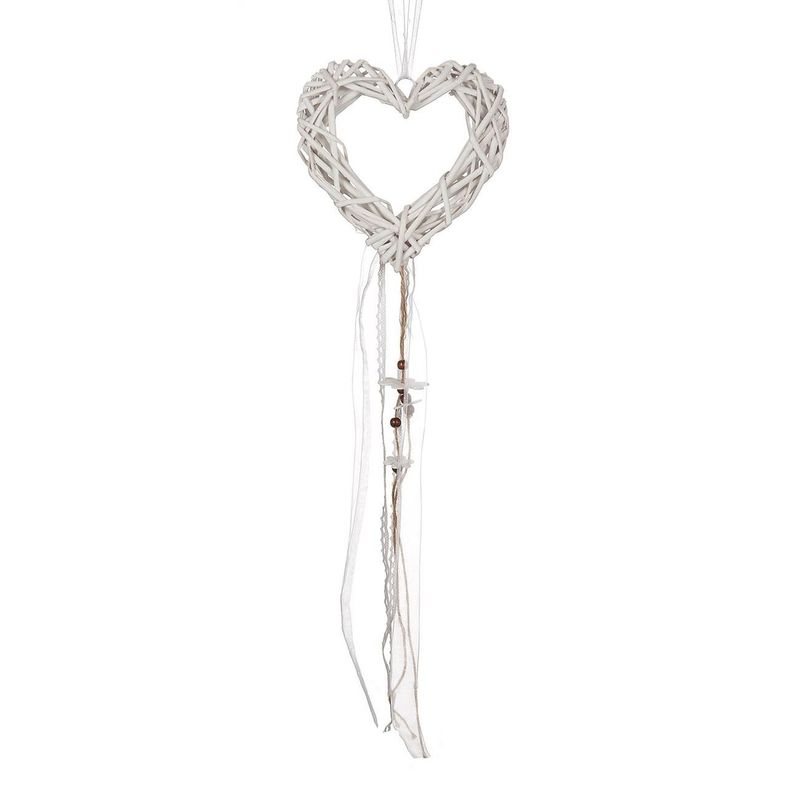 Casa si Gradina - Decoratiuni - Obiecte decorative - Accesorii decorative - Inima decorativa din lemn cu panglici, dantela si flori, 20x20x5 cm, Alba - Infinity.ro