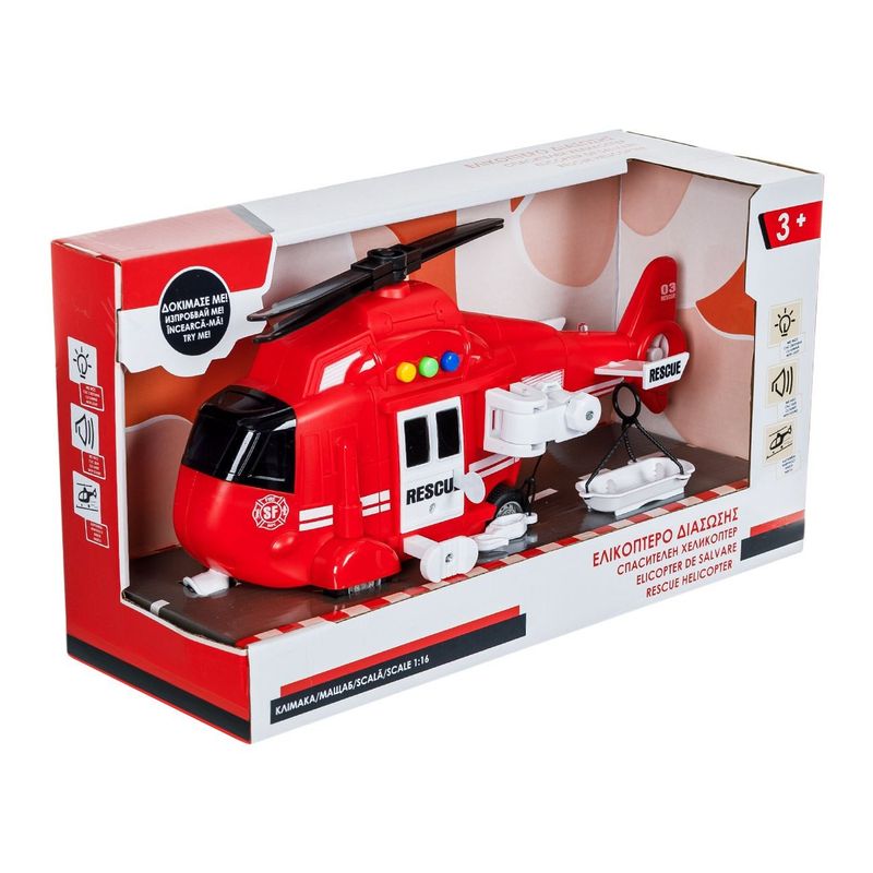 Jucarii, Copii si Bebe - Jucarii si jocuri - Vehicule si jucarii cu telecomanda - Elicoptere, avioane si nave de jucarie - Elicopter de salvare cu targa, lumini si sunete, rosie, 1:16 - Infinity.ro