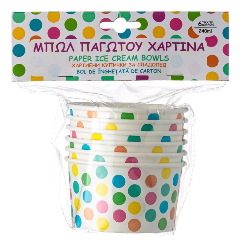Ingrijire personala si Cosmetice - Dezinfectante - Manusi unica folosinta - Boluri pentru Inghetata din Hartie Alba cu Buline Multicolore, 240ml, 6 buc - Infinity.ro
