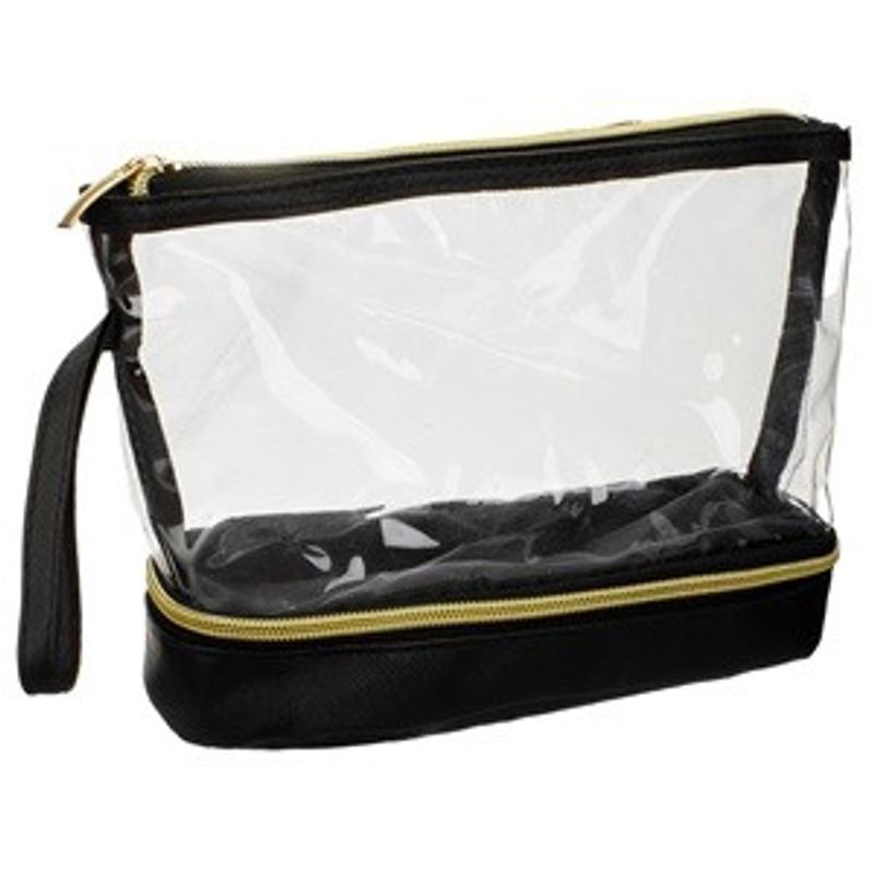 Ingrijire personala si Cosmetice - Machiaj - Portfarduri si genti cosmetice - Portfard transparent cu maner, dublu compartiment, 25x8x17cm, negru si transparent - Infinity.ro