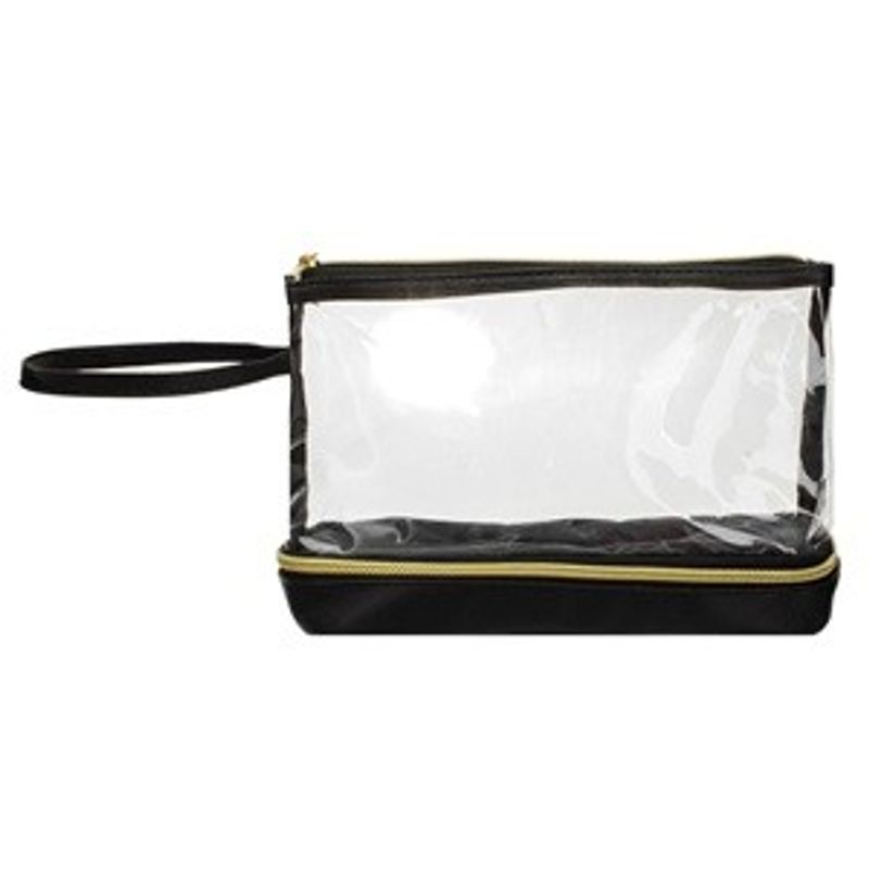 Ingrijire personala si Cosmetice - Machiaj - Portfarduri si genti cosmetice - Portfard transparent cu maner, dublu compartiment, 25x8x17cm, negru si transparent - Infinity.ro