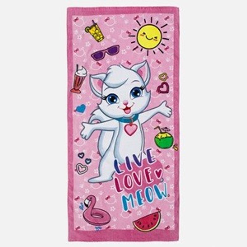 Jucarii, Copii si Bebe - Igiena si ingrijire - Baia bebelusului - Prosoape si halate de baie copii - Prosop de plaja din bumbac roz cu model pisica, 140x70 cm - Infinity.ro