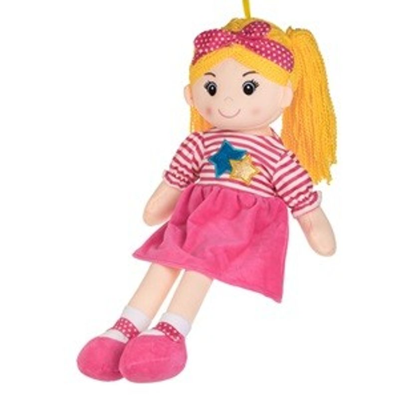 Jucarii, Copii si Bebe - Jucarii si jocuri - Papusi si accesorii - Papusi - Papusa textila cu rochie fuchsia si par blond, 55 cm - Infinity.ro
