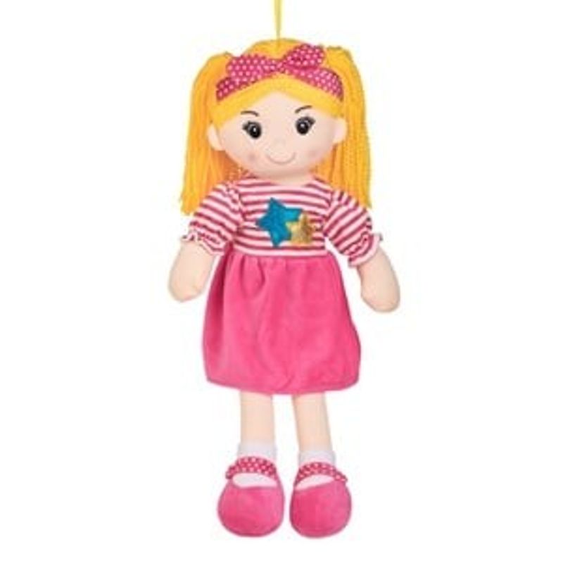 Jucarii, Copii si Bebe - Jucarii si jocuri - Papusi si accesorii - Papusi - Papusa textila cu rochie fuchsia si par blond, 55 cm - Infinity.ro