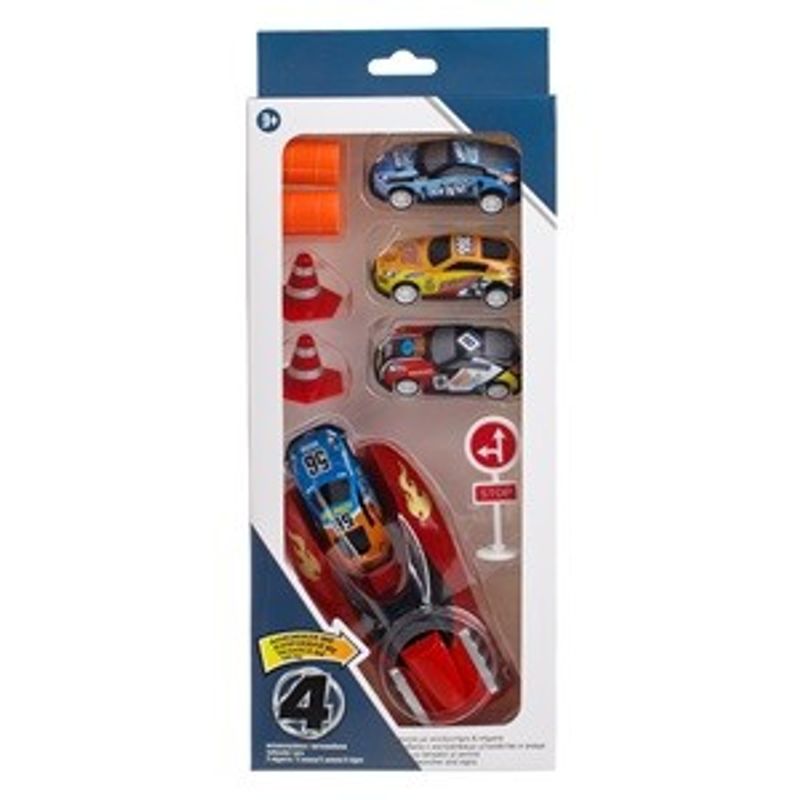 Jucarii, Copii si Bebe - Jucarii si jocuri - Vehicule si jucarii cu telecomanda - Masinute - Set Lansator cu Masini si Indicatoare Rutiere, 4 buc, Multicolor - Infinity.ro