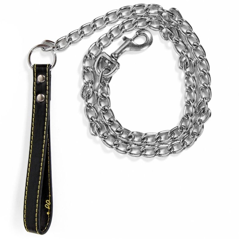 Petshop - Accesorii petshop - Zgarzi, lese si hamuri - Hamuri - Lant din crom cu maner din piele artificiala pentru caini, 120x4 cm, Negru - Infinity.ro