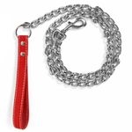 Petshop - Accesorii petshop - Zgarzi, lese si hamuri - Hamuri - Lant din crom cu maner din piele artificiala pentru caini, 120x4 cm, Negru - Infinity.ro
