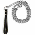 Petshop - Accesorii petshop - Zgarzi, lese si hamuri - Hamuri - Lant din crom cu maner din piele artificiala pentru caini, 120x4 cm, Negru - Infinity.ro