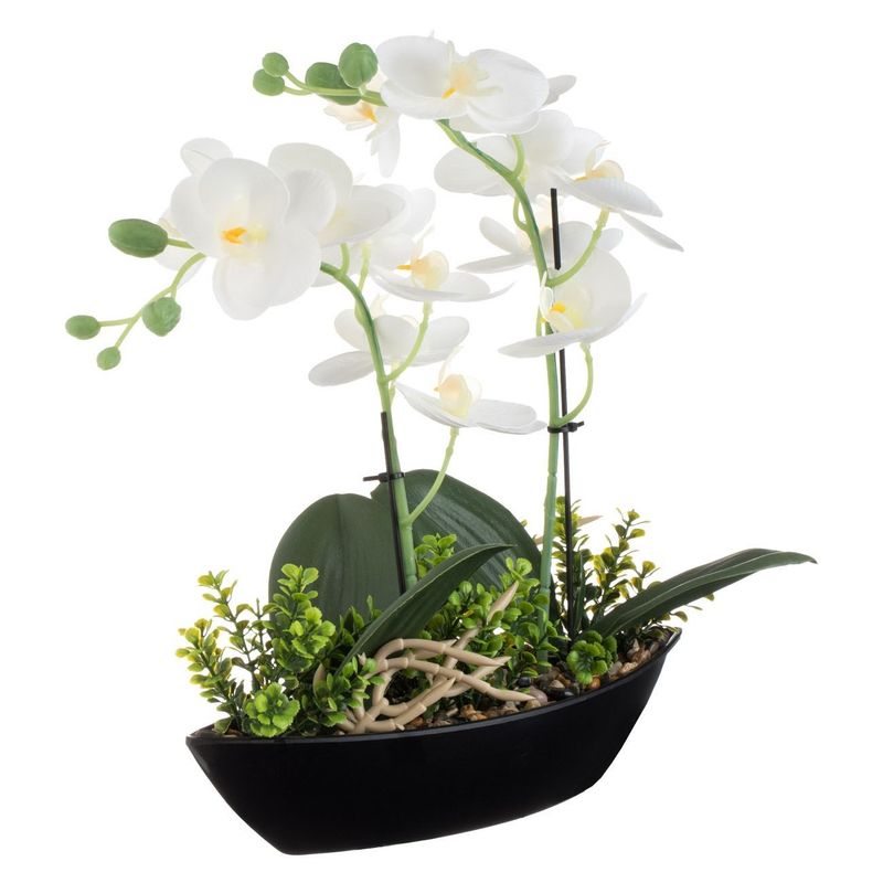 Casa si Gradina - Gradinarit si plante - Plante si ghivece - Ghivece si suporturi - Ghiveci Decorativ Negru, Forma Barca, cu Orhidee Alba Artificiala, 27x9x30cm - Infinity.ro