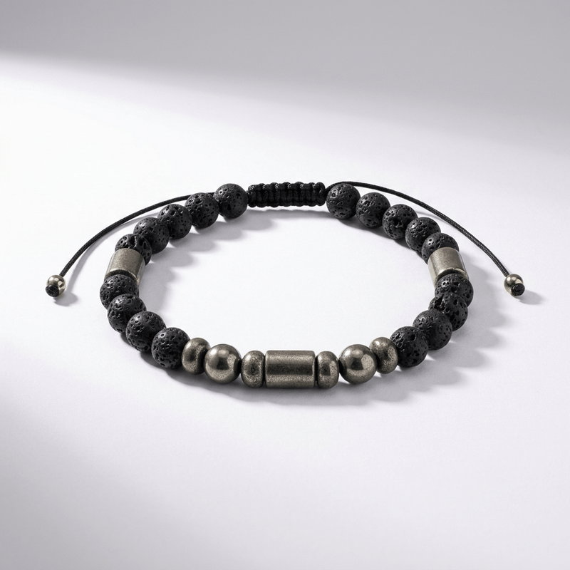 Fashion, accesorii si bijuterii - Barbati - Bijuterii barbati - Bratari barbati - Bratara eleganta barbati Eiko cu snur din Piatra de lava si Pirita - Infinity.ro