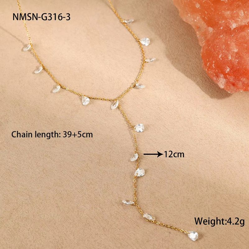 Fashion, accesorii si bijuterii - Femei - Bijuterii femei - Coliere femei - Colier lung Suna elegant minimalist din otel inoxidabil cu pandantive lacrima din zircon alb - Infinity.ro