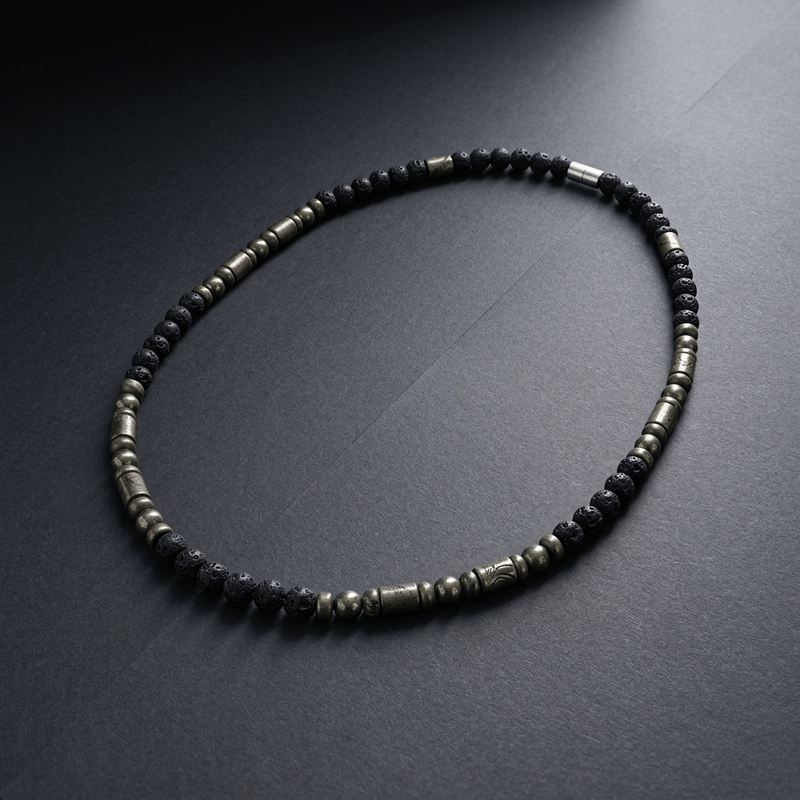 Fashion, accesorii si bijuterii - Barbati - Bijuterii barbati - Lanturi si pandantive barbati - Colier elegant barbati Eiko din piatra de lava si pirita cu inchidere magnetica - Infinity.ro