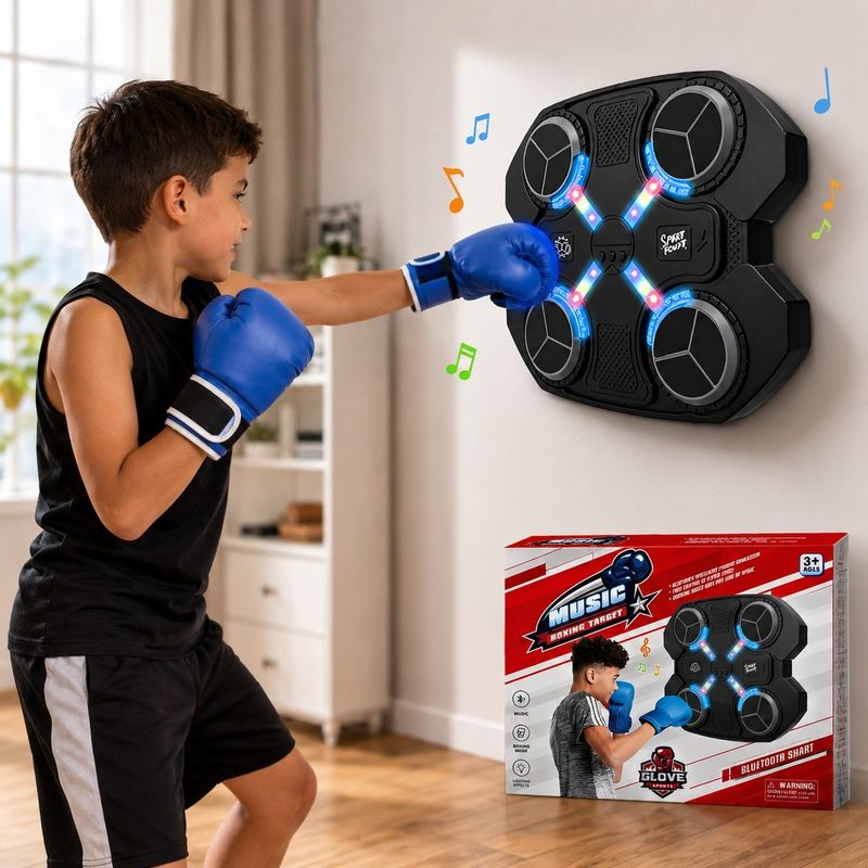 Jucarii, Copii si Bebe - Jucarii si jocuri - Jucarii & jocuri educative - Jucarii interactive - Jucarie Interactiva de Box pentru Copii, Tinta Electronica cu Muzica si Lumini LED, 4 Zone de Lovire, Manusi Incluse - Infinity.ro