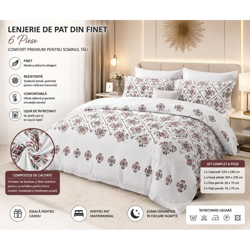 Casa si Gradina - Textile si covoare - Lenjerii de pat - Seturi de lenjerie - Lenjerie de Pat Matrimoniala din Finet, Set 6 Piese, Husa Pilota 200x230 cm, Cearceaf 220x240 cm, 4 Fete de Perna - Infinity.ro