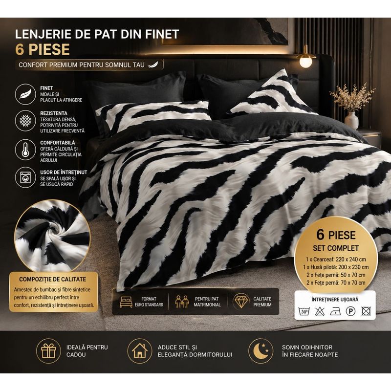 Casa si Gradina - Textile si covoare - Lenjerii de pat - Seturi de lenjerie - Lenjerie de Pat Matrimoniala din Finet, 6 Piese, Husa Pilota 200x230 cm, Cearceaf 220x240 cm, 4 Fete de Perna, Negru/Alb - Infinity.ro