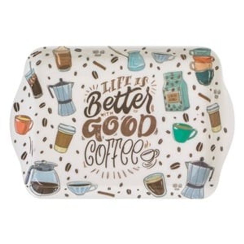 Casa si Gradina - Bucatarie si vesela - Ustensile bucatarie - Tavi servire - Tava de servit ecru cu model boabe de cafea si mesaj inspirational, 21x14.5x1.5 cm - Infinity.ro