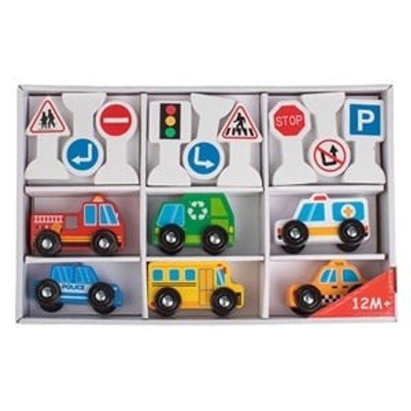 Jucarii, Copii si Bebe - Jucarii si jocuri - Jucarii & jocuri educative - Jocuri si jucarii educative - Set 15 piese Vehicule din Lemn cu Roti si Indicatoare Rutiere, Multicolor - Infinity.ro