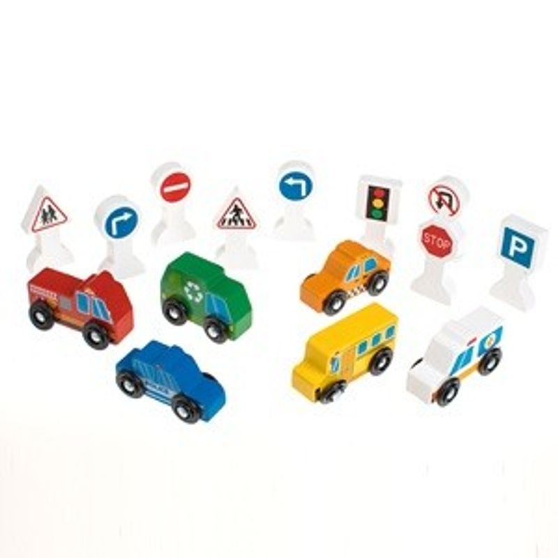 Jucarii, Copii si Bebe - Jucarii si jocuri - Jucarii & jocuri educative - Jocuri si jucarii educative - Set 15 piese Vehicule din Lemn cu Roti si Indicatoare Rutiere, Multicolor - Infinity.ro