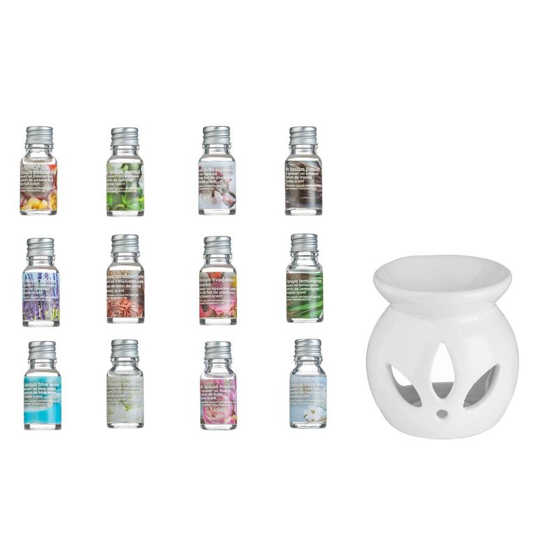 Casa si Gradina - Decoratiuni - Aromaterapie si lumanari - Odorizante camera - Set Uleiuri Parfumate cu Suport din Lut Alb, 12 x 12 ml, Arome Diverse - Infinity.ro