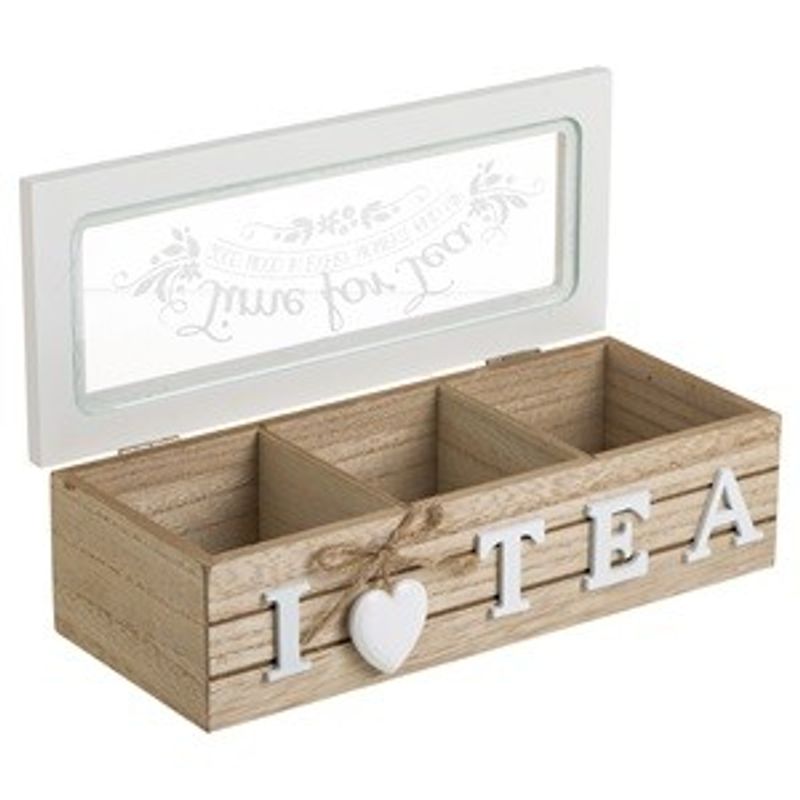 Casa si Gradina - Bucatarie si vesela - Vase pentru gatit - Accesorii ceai - Cutie din Lemn cu 3 Compartimente pentru Plicuri de Ceai, 24x10x7cm, cu Capac cu Fereastra din Sticla - Infinity.ro