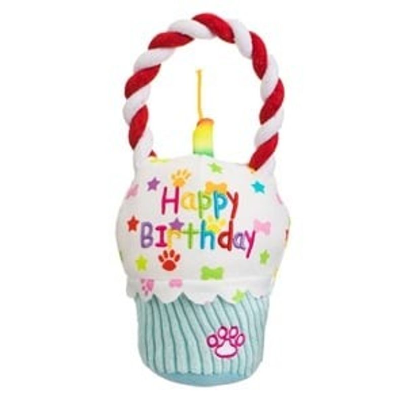 Petshop - Hrana - Hrana caini - Hrana uscata caini - Jucarie pentru caine, Cupcake Happy Birthday cu Sfoara si Efect Sonor, 13x8x23cm - Infinity.ro