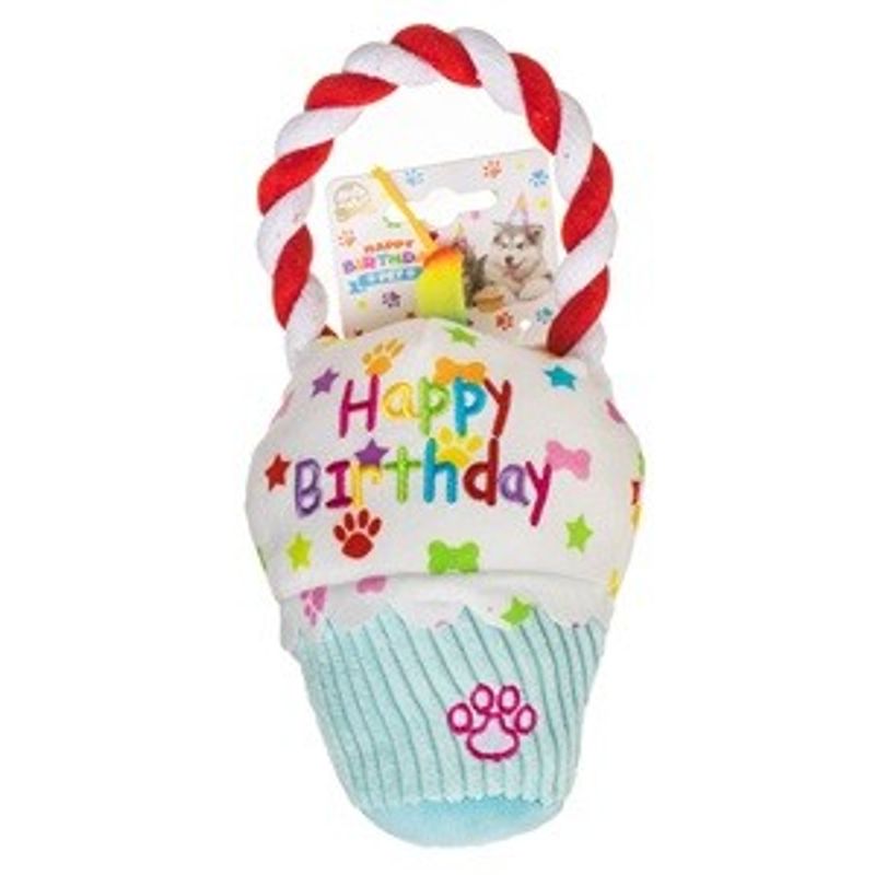 Petshop - Hrana - Hrana caini - Hrana uscata caini - Jucarie pentru caine, Cupcake Happy Birthday cu Sfoara si Efect Sonor, 13x8x23cm - Infinity.ro