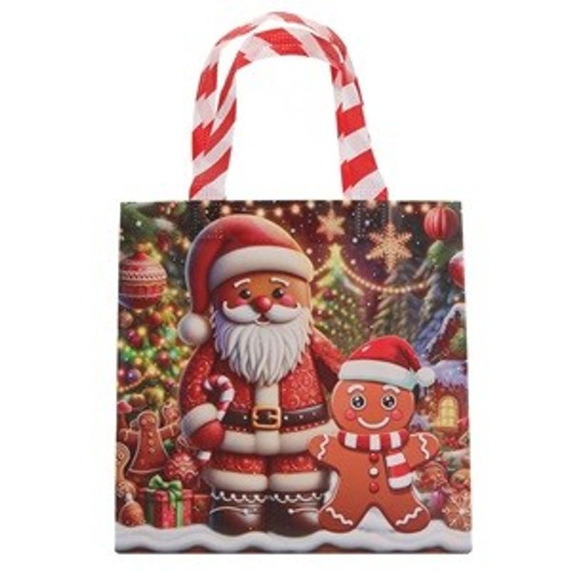 Casa si Gradina - Decoratiuni - Decoratiuni de sezon - Sacosa reutilizabila de Craciun cu Mos Craciun si om de turta dulce, 21,5x10x22cm - Infinity.ro