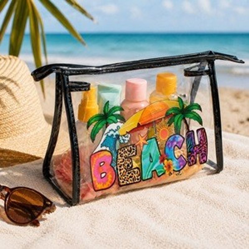Fashion, accesorii si bijuterii - Femei - Lenjerie si pijamale femei - Imbracaminte de plaja femei - Portfard PVC Transparent cu Imprimeu Beach, 27x10x17 cm - Infinity.ro