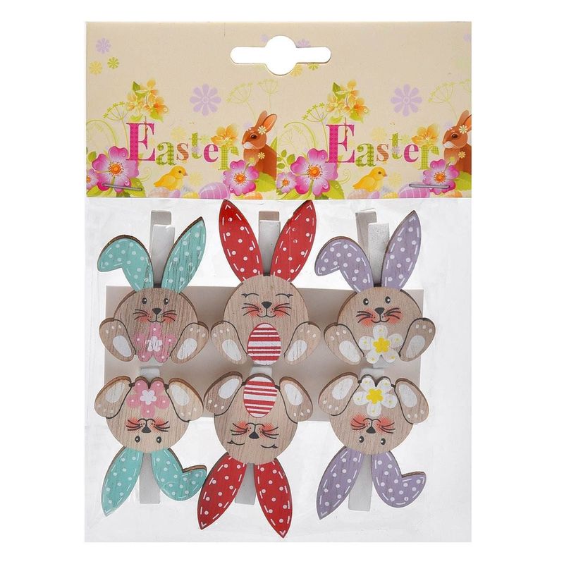 Casa si Gradina - Constructii - Lemn constructii - Placi lemn - Set 6 Clestisori Decorativi din Lemn cu Iepurasi, 5 cm, Multicolor - Infinity.ro