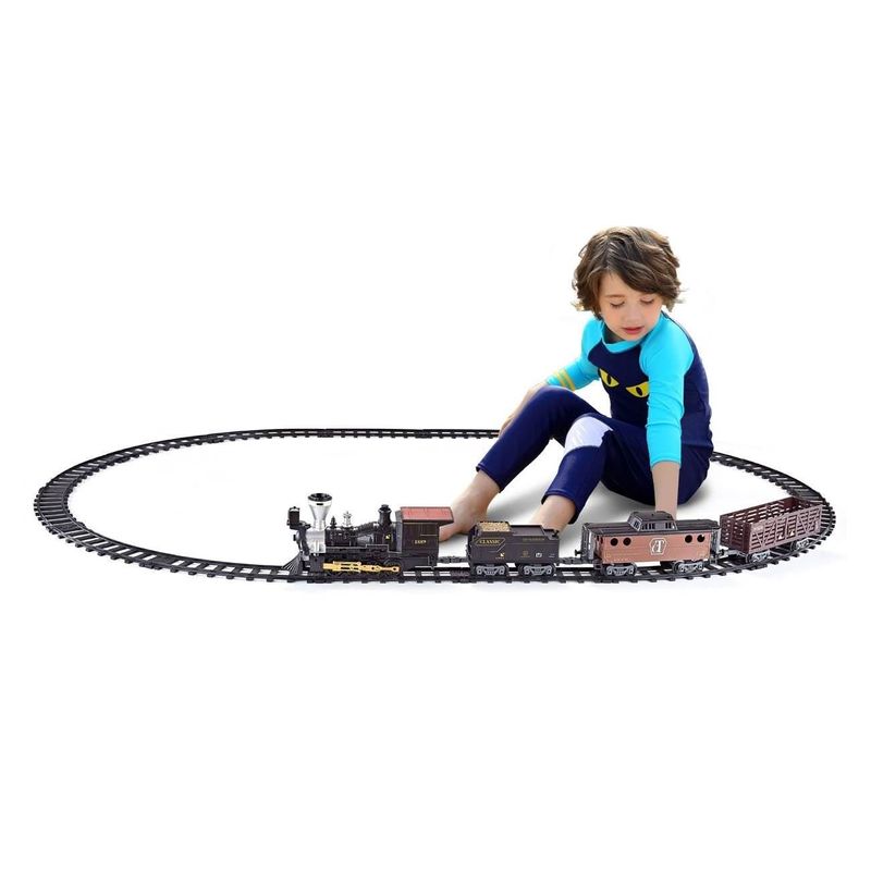 Jucarii, Copii si Bebe - Jucarii si jocuri - Vehicule si jucarii cu telecomanda - Trenulete de jucarie - Trenulet Electric Western cu 3 Vagoane, Locomotiva cu Sunet si Lumini, Telecomanda, 16 Sine, 3+ Ani - Infinity.ro