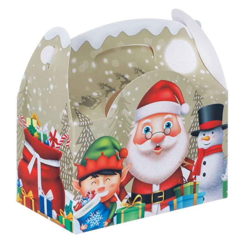 Carti si Birotica - Birotica - Articole ambalare - Cutie cadouri de Craciun din carton, pliabila, cu maner, 2.95 litri, bej, cu glitter si ilustratii festive - Infinity.ro