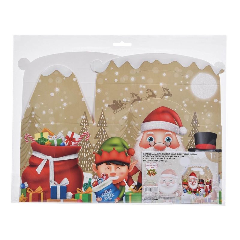 Carti si Birotica - Birotica - Articole ambalare - Cutie cadouri de Craciun din carton, pliabila, cu maner, 2.95 litri, bej, cu glitter si ilustratii festive - Infinity.ro
