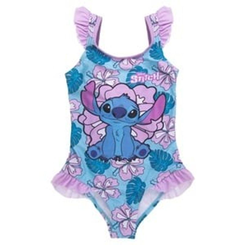 Fashion, accesorii si bijuterii - Copii - Lenjerie si pijamale copii - Costume de baie copii - Costum de baie intreg floral Stitch bleu lila cu volanase pentru fete - Infinity.ro
