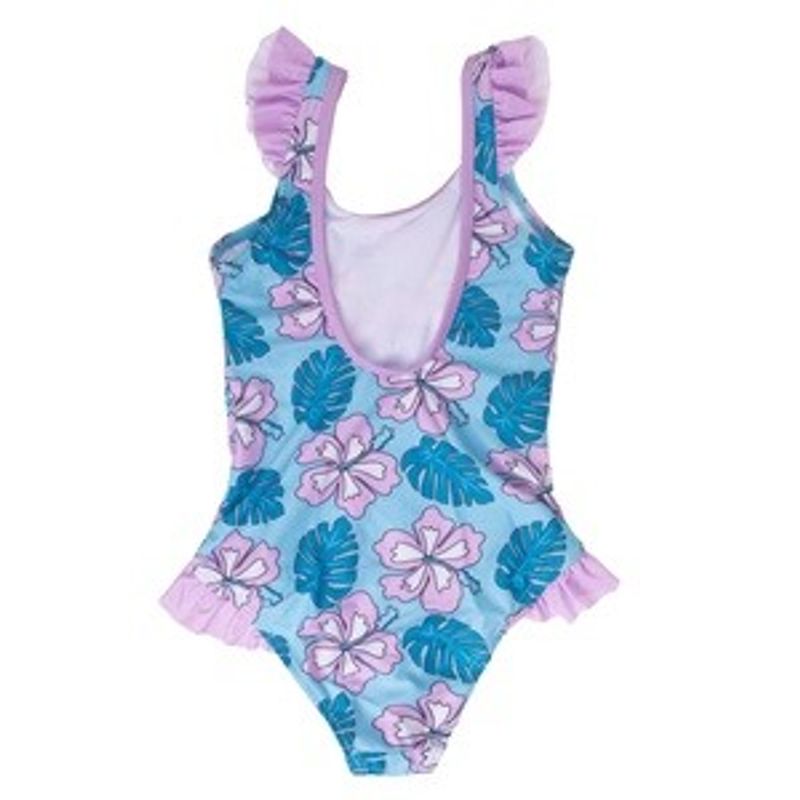 Fashion, accesorii si bijuterii - Copii - Lenjerie si pijamale copii - Costume de baie copii - Costum de baie intreg floral Stitch bleu lila cu volanase pentru fete - Infinity.ro