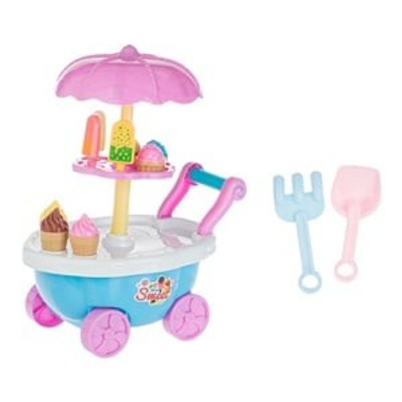 Jucarii, Copii si Bebe - Jucarii si jocuri - Jucarii de exterior - Jucarii pentru plaja si nisip - Carucior inghetata cu 11 accesorii, Albastru, 25x14x33cm - Infinity.ro