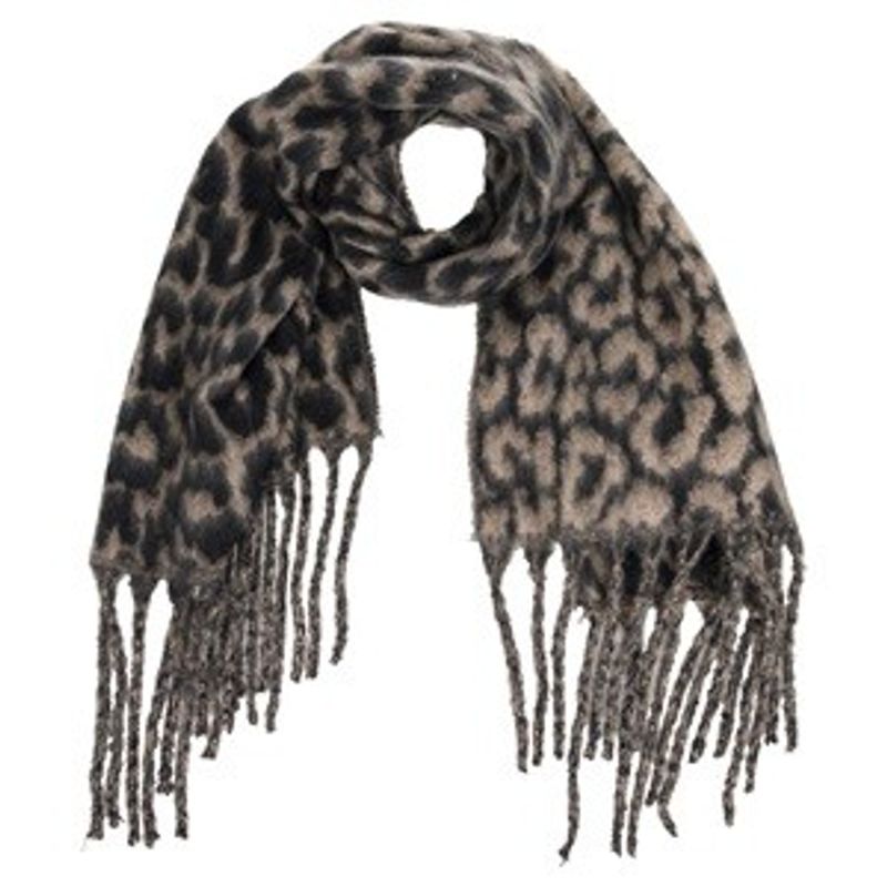 Fashion, accesorii si bijuterii - Femei - Accesorii femei - Esarfe si fulare femei - Esarfa dama cu model leopard si franjuri lungi, Bej-Negru, 200x57cm - Infinity.ro