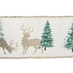 Casa si Gradina - Decoratiuni - Decoratiuni de sezon - Panglica decorativa de Craciun cu brazi si reni, ecru cu glitter, 5m x 65mm - Infinity.ro